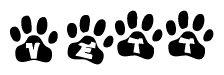 The image shows a row of animal paw prints, each containing a letter. The letters spell out the word Vett within the paw prints.