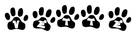 The image shows a series of animal paw prints arranged horizontally. Within each paw print, there's a letter; together they spell Vette