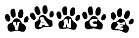 The image shows a series of animal paw prints arranged horizontally. Within each paw print, there's a letter; together they spell Vance