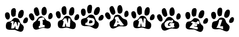 The image shows a series of animal paw prints arranged horizontally. Within each paw print, there's a letter; together they spell Windangel