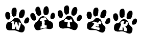 The image shows a series of animal paw prints arranged in a horizontal line. Each paw print contains a letter, and together they spell out the word Witek.