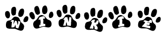 The image shows a series of animal paw prints arranged horizontally. Within each paw print, there's a letter; together they spell Winkie