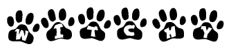 The image shows a series of animal paw prints arranged horizontally. Within each paw print, there's a letter; together they spell Witchy