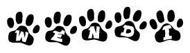 The image shows a series of animal paw prints arranged horizontally. Within each paw print, there's a letter; together they spell Wendi