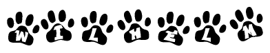 The image shows a row of animal paw prints, each containing a letter. The letters spell out the word Wilhelm within the paw prints.