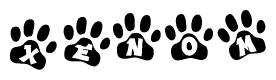 The image shows a row of animal paw prints, each containing a letter. The letters spell out the word Xenom within the paw prints.