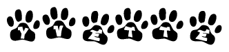 The image shows a series of animal paw prints arranged horizontally. Within each paw print, there's a letter; together they spell Yvette