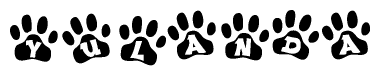 The image shows a series of animal paw prints arranged horizontally. Within each paw print, there's a letter; together they spell Yulanda