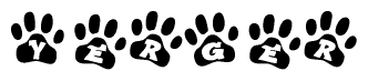 The image shows a series of animal paw prints arranged in a horizontal line. Each paw print contains a letter, and together they spell out the word Yerger.