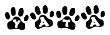 The image shows a row of animal paw prints, each containing a letter. The letters spell out the word Yata within the paw prints.