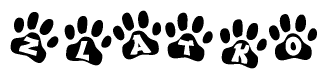 The image shows a series of animal paw prints arranged in a horizontal line. Each paw print contains a letter, and together they spell out the word Zlatko.