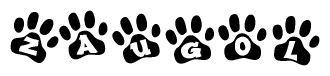 The image shows a series of animal paw prints arranged horizontally. Within each paw print, there's a letter; together they spell Zaugol