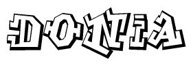 The image is a stylized representation of the letters Donia designed to mimic the look of graffiti text. The letters are bold and have a three-dimensional appearance, with emphasis on angles and shadowing effects.
