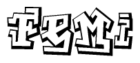 The image is a stylized representation of the letters Femi designed to mimic the look of graffiti text. The letters are bold and have a three-dimensional appearance, with emphasis on angles and shadowing effects.