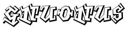 The image is a stylized representation of the letters Gnuonus designed to mimic the look of graffiti text. The letters are bold and have a three-dimensional appearance, with emphasis on angles and shadowing effects.