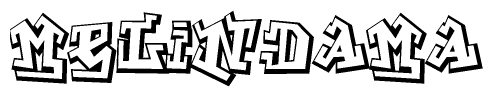 The clipart image depicts the word Melindama in a style reminiscent of graffiti. The letters are drawn in a bold, block-like script with sharp angles and a three-dimensional appearance.
