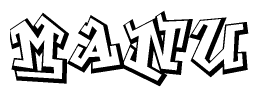 The image is a stylized representation of the letters Manu designed to mimic the look of graffiti text. The letters are bold and have a three-dimensional appearance, with emphasis on angles and shadowing effects.