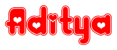 The image is a red and white graphic with the word Aditya written in a decorative script. Each letter in  is contained within its own outlined bubble-like shape. Inside each letter, there is a white heart symbol.