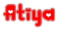 The image is a clipart featuring the word Atiya written in a stylized font with a heart shape replacing inserted into the center of each letter. The color scheme of the text and hearts is red with a light outline.