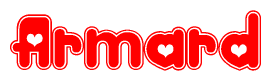 The image is a red and white graphic with the word Armard written in a decorative script. Each letter in  is contained within its own outlined bubble-like shape. Inside each letter, there is a white heart symbol.