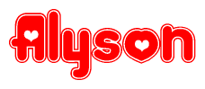 The image is a red and white graphic with the word Alyson written in a decorative script. Each letter in  is contained within its own outlined bubble-like shape. Inside each letter, there is a white heart symbol.