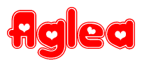 The image is a red and white graphic with the word Aglea written in a decorative script. Each letter in  is contained within its own outlined bubble-like shape. Inside each letter, there is a white heart symbol.