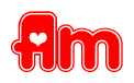 The image is a clipart featuring the word Am written in a stylized font with a heart shape replacing inserted into the center of each letter. The color scheme of the text and hearts is red with a light outline.