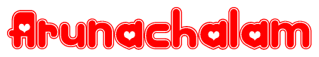 The image is a clipart featuring the word Arunachalam written in a stylized font with a heart shape replacing inserted into the center of each letter. The color scheme of the text and hearts is red with a light outline.