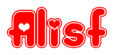 The image is a red and white graphic with the word Alisf written in a decorative script. Each letter in  is contained within its own outlined bubble-like shape. Inside each letter, there is a white heart symbol.