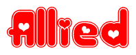 The image is a red and white graphic with the word Allied written in a decorative script. Each letter in  is contained within its own outlined bubble-like shape. Inside each letter, there is a white heart symbol.