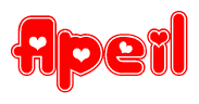 The image is a clipart featuring the word Apeil written in a stylized font with a heart shape replacing inserted into the center of each letter. The color scheme of the text and hearts is red with a light outline.