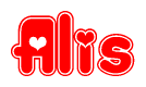 The image is a red and white graphic with the word Alis written in a decorative script. Each letter in  is contained within its own outlined bubble-like shape. Inside each letter, there is a white heart symbol.