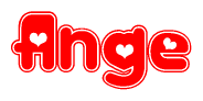The image is a red and white graphic with the word Ange written in a decorative script. Each letter in  is contained within its own outlined bubble-like shape. Inside each letter, there is a white heart symbol.