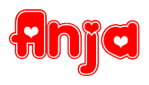 The image is a clipart featuring the word Anja written in a stylized font with a heart shape replacing inserted into the center of each letter. The color scheme of the text and hearts is red with a light outline.