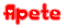 The image is a red and white graphic with the word Apete written in a decorative script. Each letter in  is contained within its own outlined bubble-like shape. Inside each letter, there is a white heart symbol.