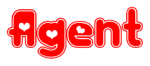 The image is a red and white graphic with the word Agent written in a decorative script. Each letter in  is contained within its own outlined bubble-like shape. Inside each letter, there is a white heart symbol.