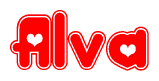 The image is a red and white graphic with the word Alva written in a decorative script. Each letter in  is contained within its own outlined bubble-like shape. Inside each letter, there is a white heart symbol.