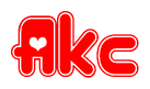 The image is a red and white graphic with the word Akc written in a decorative script. Each letter in  is contained within its own outlined bubble-like shape. Inside each letter, there is a white heart symbol.