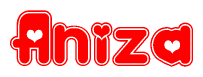 The image is a red and white graphic with the word Aniza written in a decorative script. Each letter in  is contained within its own outlined bubble-like shape. Inside each letter, there is a white heart symbol.