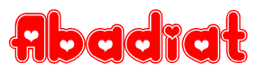 The image is a red and white graphic with the word Abadiat written in a decorative script. Each letter in  is contained within its own outlined bubble-like shape. Inside each letter, there is a white heart symbol.