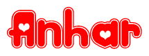 The image is a red and white graphic with the word Anhar written in a decorative script. Each letter in  is contained within its own outlined bubble-like shape. Inside each letter, there is a white heart symbol.