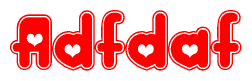 The image is a clipart featuring the word Adfdaf written in a stylized font with a heart shape replacing inserted into the center of each letter. The color scheme of the text and hearts is red with a light outline.
