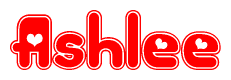 The image is a clipart featuring the word Ashlee written in a stylized font with a heart shape replacing inserted into the center of each letter. The color scheme of the text and hearts is red with a light outline.