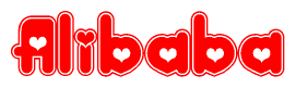 The image is a red and white graphic with the word Alibaba written in a decorative script. Each letter in  is contained within its own outlined bubble-like shape. Inside each letter, there is a white heart symbol.