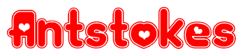 The image is a red and white graphic with the word Antstokes written in a decorative script. Each letter in  is contained within its own outlined bubble-like shape. Inside each letter, there is a white heart symbol.