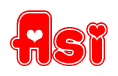 The image is a red and white graphic with the word Asi written in a decorative script. Each letter in  is contained within its own outlined bubble-like shape. Inside each letter, there is a white heart symbol.