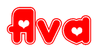 The image is a red and white graphic with the word Ava written in a decorative script. Each letter in  is contained within its own outlined bubble-like shape. Inside each letter, there is a white heart symbol.