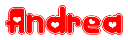The image is a red and white graphic with the word Andrea written in a decorative script. Each letter in  is contained within its own outlined bubble-like shape. Inside each letter, there is a white heart symbol.