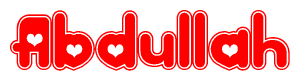 The image is a red and white graphic with the word Abdullah written in a decorative script. Each letter in  is contained within its own outlined bubble-like shape. Inside each letter, there is a white heart symbol.