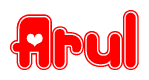 The image is a clipart featuring the word Arul written in a stylized font with a heart shape replacing inserted into the center of each letter. The color scheme of the text and hearts is red with a light outline.